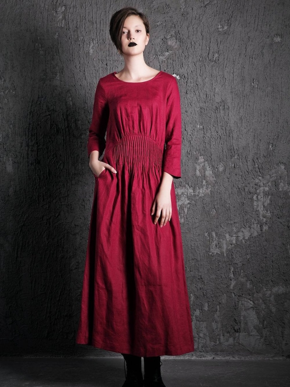 YLISTYLE Red Linen Maxi Dress - Raspberry Fit & Flare with Pintuck Pleated Waist - Picture 2 of 11